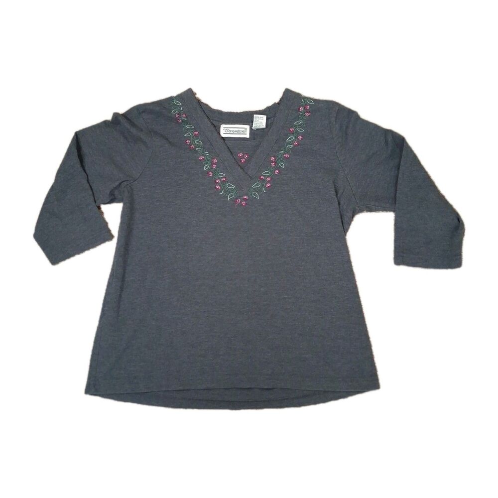 Shenanigans Vintage Embroidered Floral V Neck Shirt Charcoal Gray Medium Top
